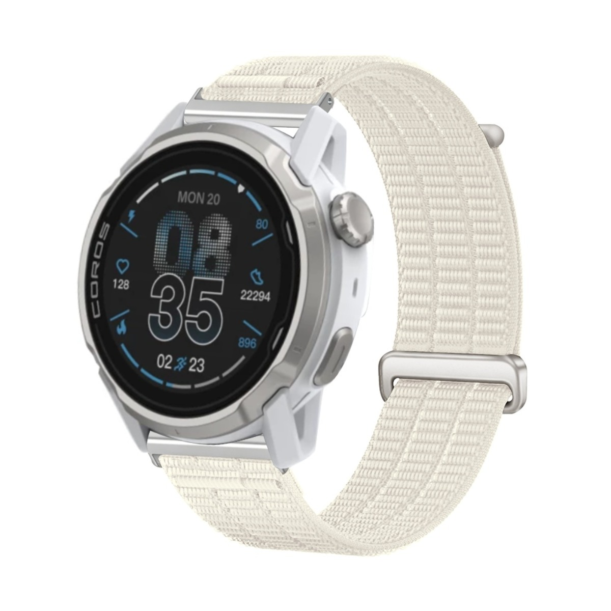 Weiße Smartwatch mit hellem Stoffarmband und digitaler Anzeige mit Uhrzeit und Datum.