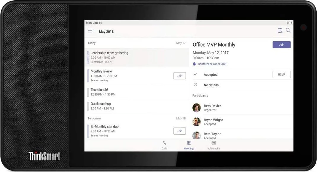Ein ThinkSmart-Gerät zeigt einen Kalender mit Besprechungen, darunter 'Leadership Team Gathering'.
