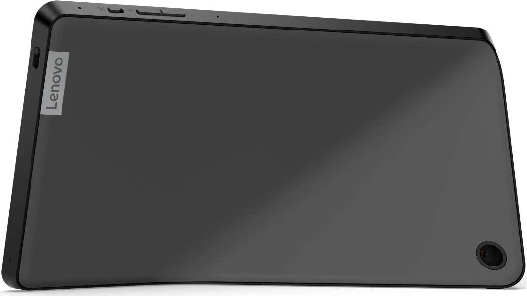 Dunkelgraues Lenovo Tablet von hinten mit Kameraobjektiv unten rechts.