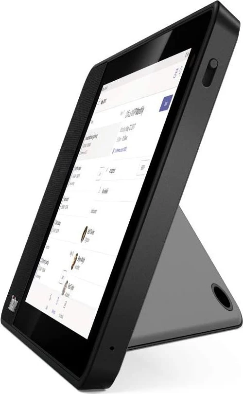 Schwarzes Tablet mit Ständer, zeigt Kalender-App auf dem Bildschirm.