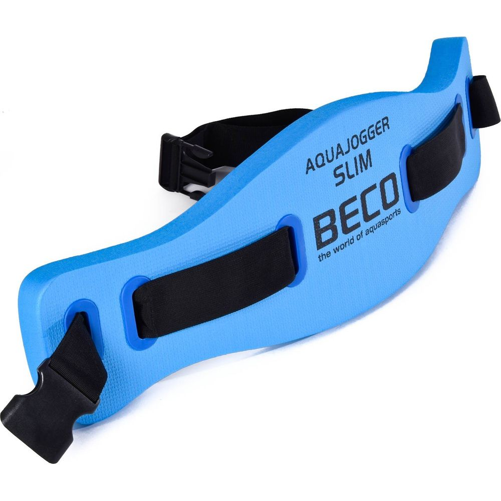 Ein blauer Aqua-Gürtel mit schwarzen Gurten und Schnallen für das Schwimmen.