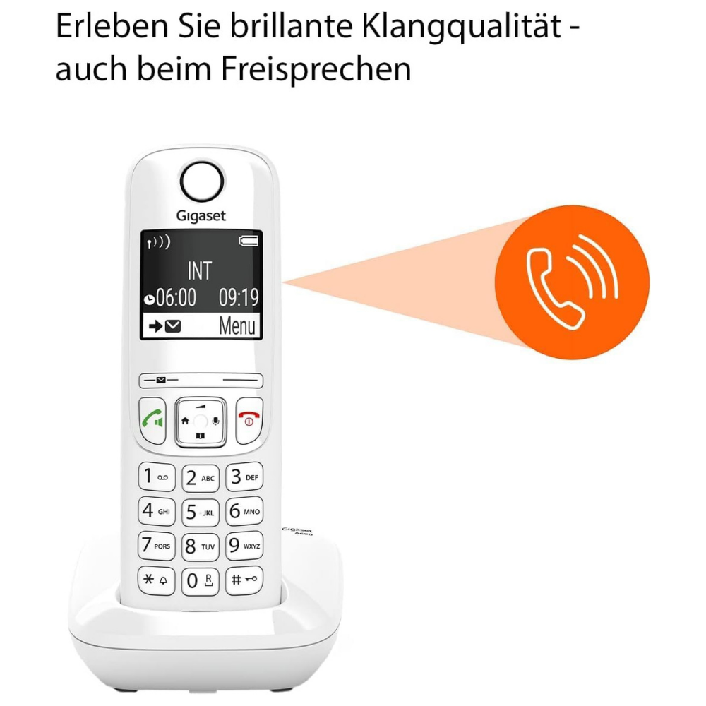 Ein weißes Gigaset Schnurlostelefon mit beleuchteter Tastatur und Display.