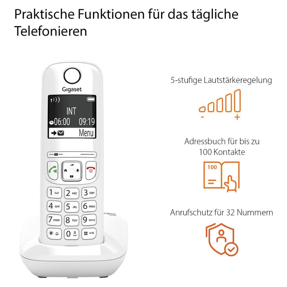 Ein weißes Gigaset Telefon mit Ladebasis, Display zeigt Zeit und Menü.