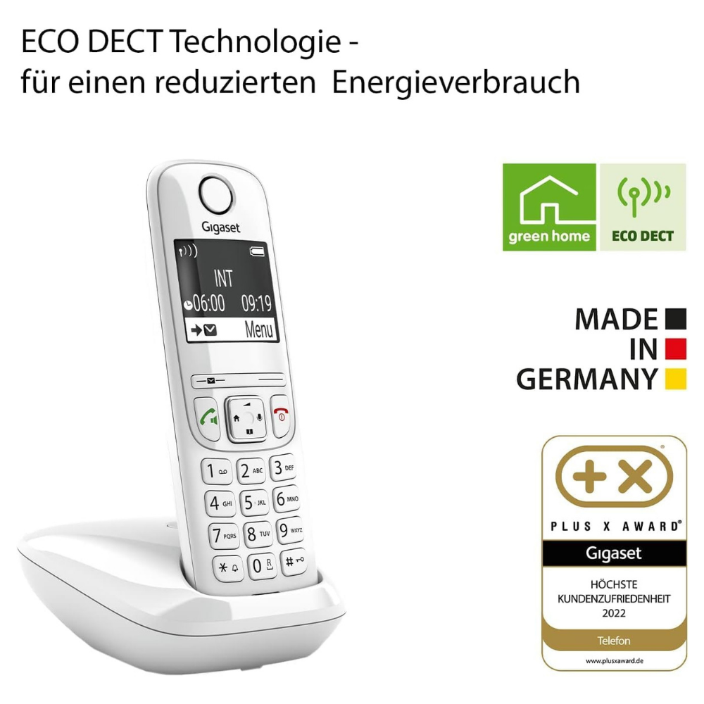 Ein weißes Gigaset DECT Telefon auf einer Ladestation mit Logos.