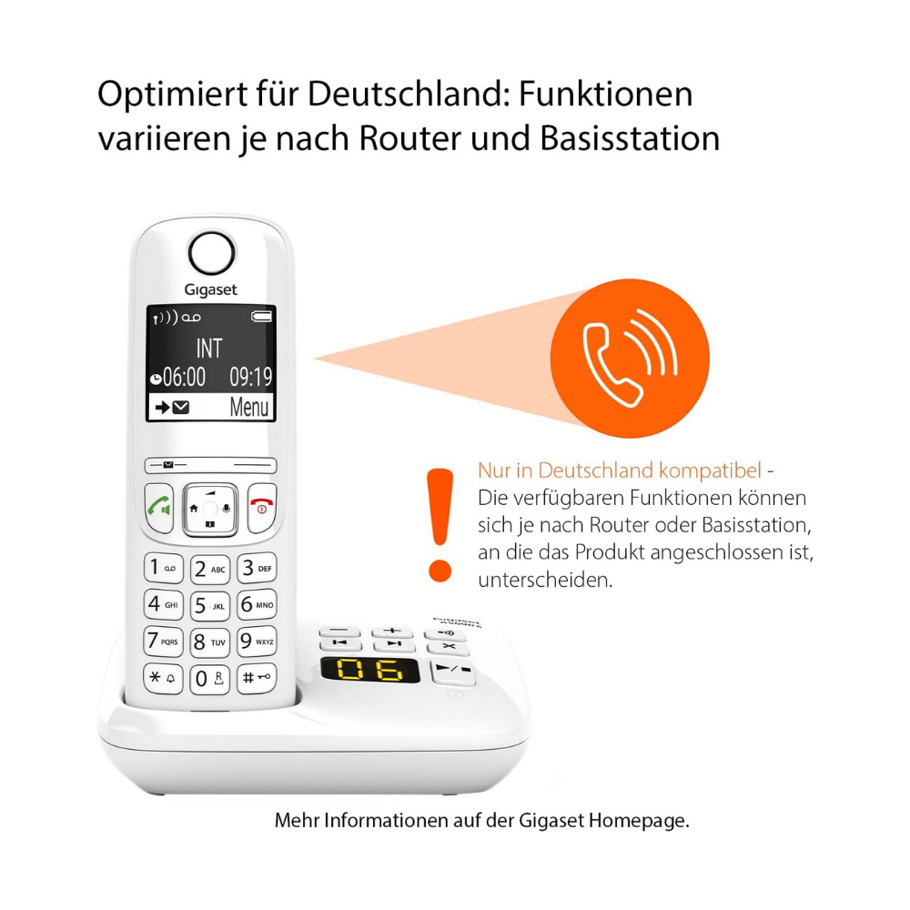 Ein weißes Gigaset Telefon mit Tastatur und Display, das die Uhrzeit anzeigt.