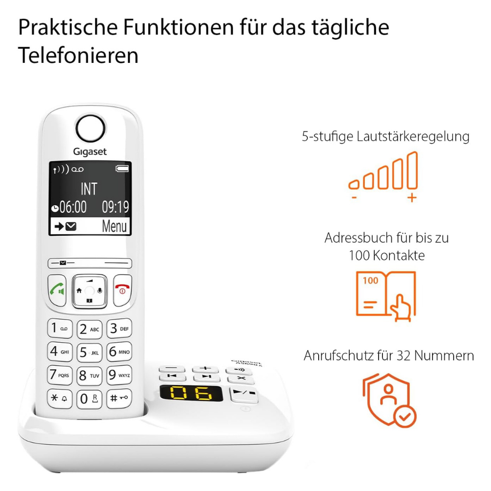 Ein weißes Gigaset Schnurlostelefon mit Ladeschale und Funktionen wie Lautstärke, Adressbuch, Anrufschutz.
