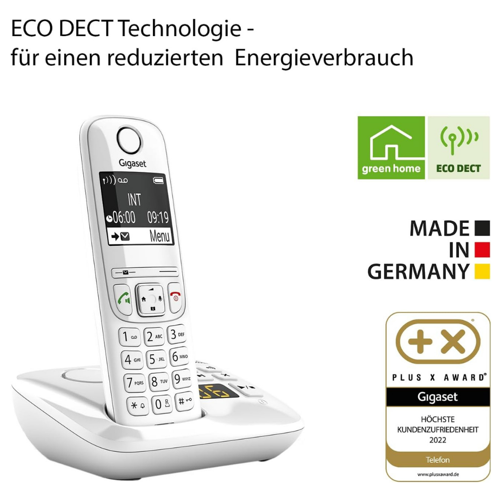 Ein weißes Gigaset Schnurlostelefon mit Ladeschale und "Made in Germany" Siegel.