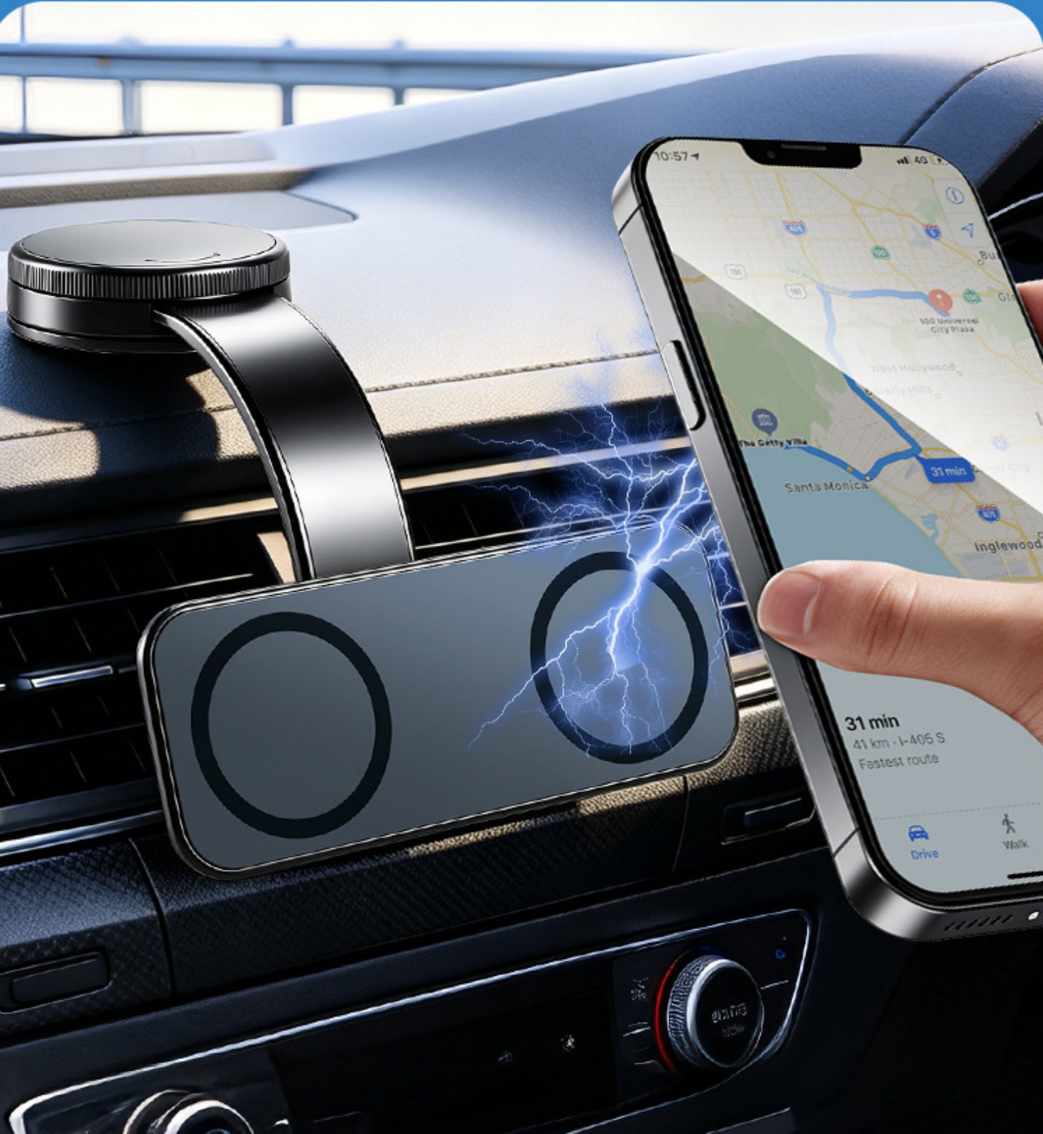 Ein Handy-Navigationsgerät mit Ladefunktion ist an einem Auto-Armaturenbrett befestigt.