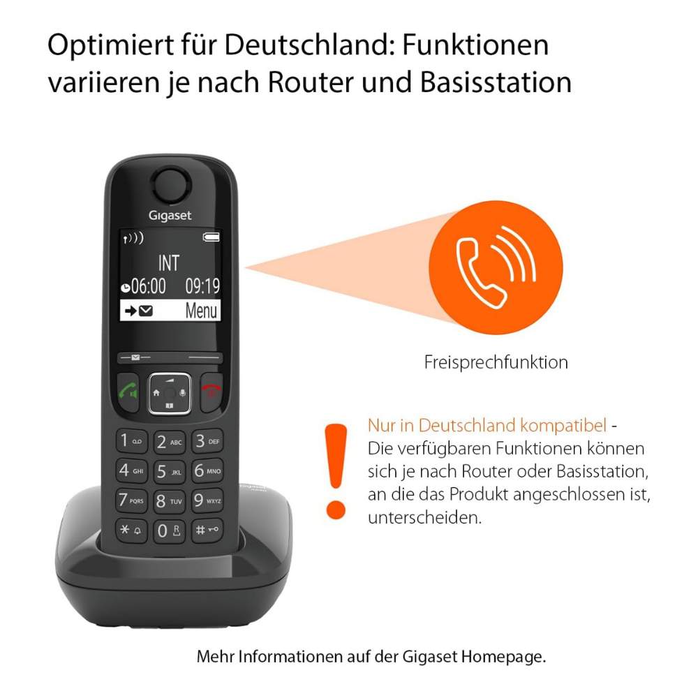 Gigaset Telefon mit Lade-Basisstation, Freisprechfunktion und Hinweis auf Deutschland-Kompatibilität.