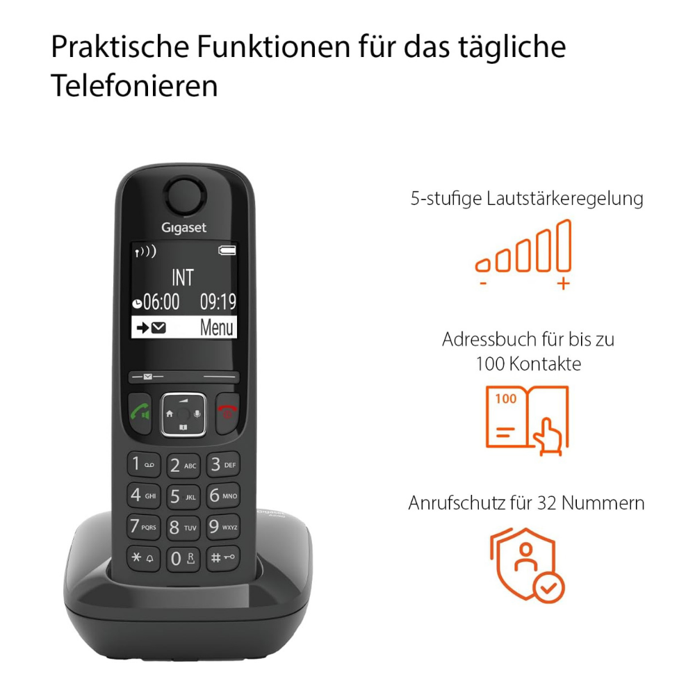 Ein schwarzes Gigaset-Telefon mit Tasten und Display, auf einer Ladestation.