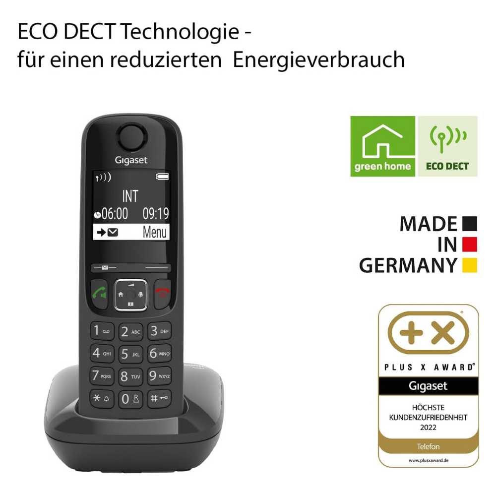 Ein schwarzes Gigaset DECT-Telefon auf seiner Ladestation mit "Made in Germany" und 
