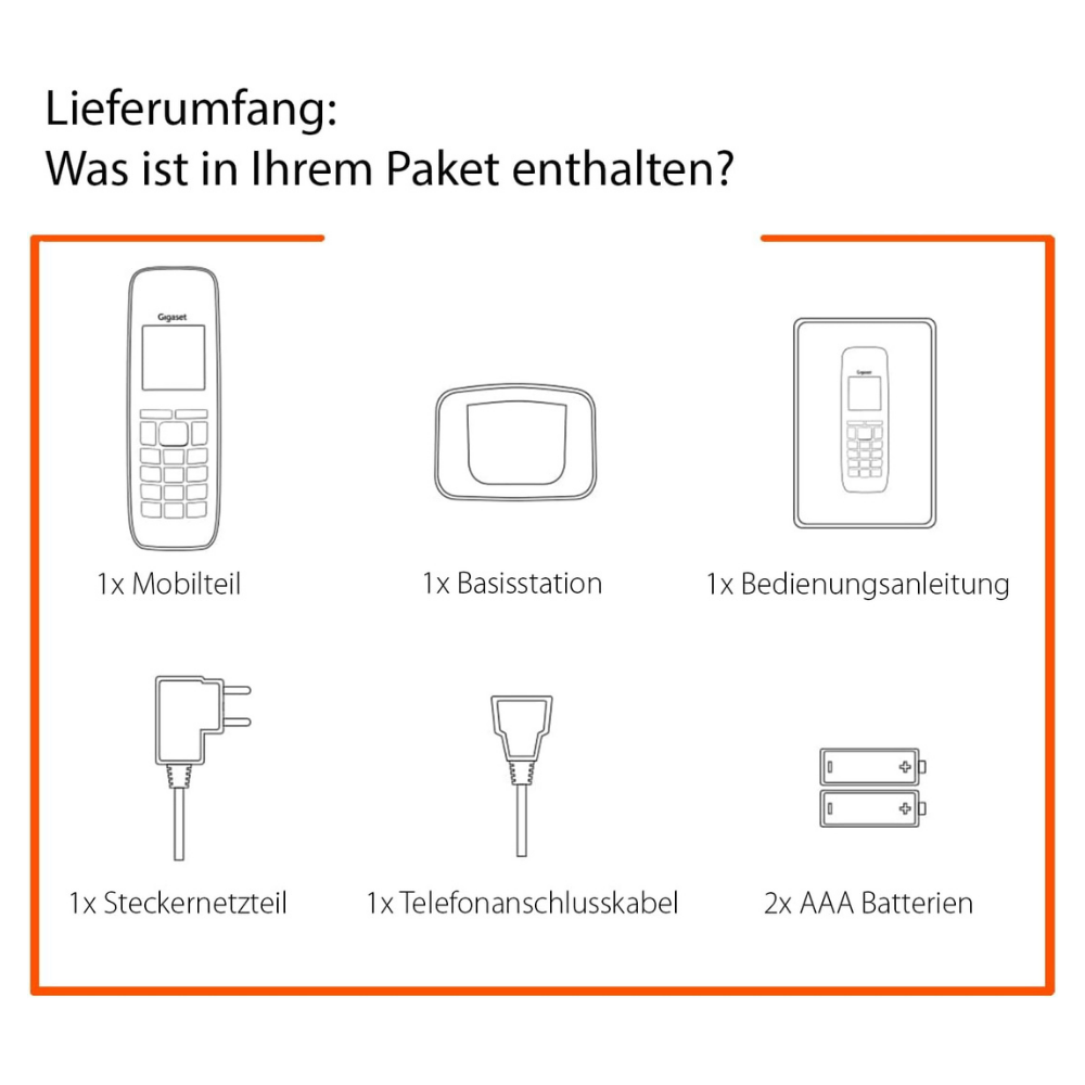 Lieferumfang mit Mobilteil, Basisstation, Anleitung, Netzteil, Kabel und Batterien.