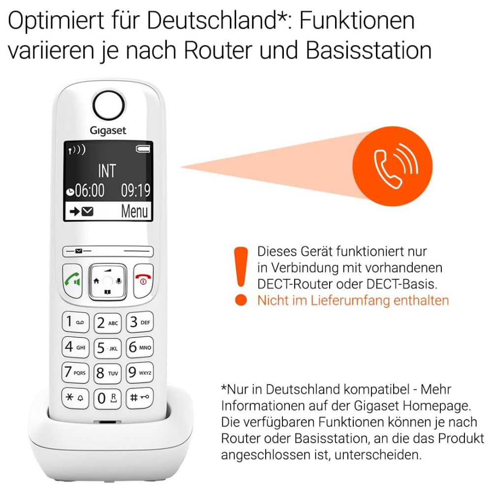 Ein weißes Gigaset DECT-Telefon in Ladestation. Mit Display und Tasten.