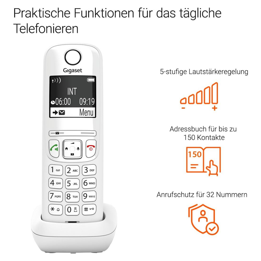 Ein weißes Gigaset-Telefon mit Tasten und Display liegt auf einer Ladestation.
