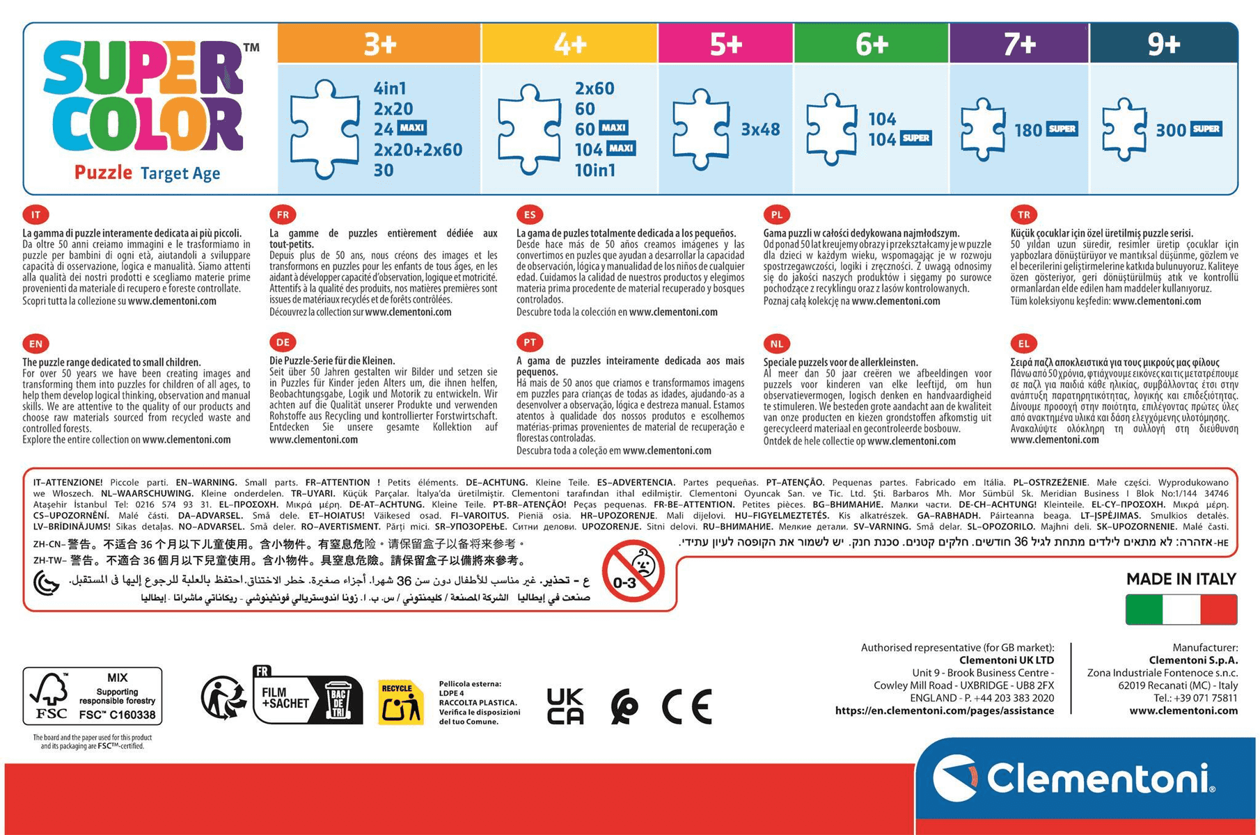Caja Clementoni Super Color Puzzle Target Age que muestra rangos de edad de rompecabezas.