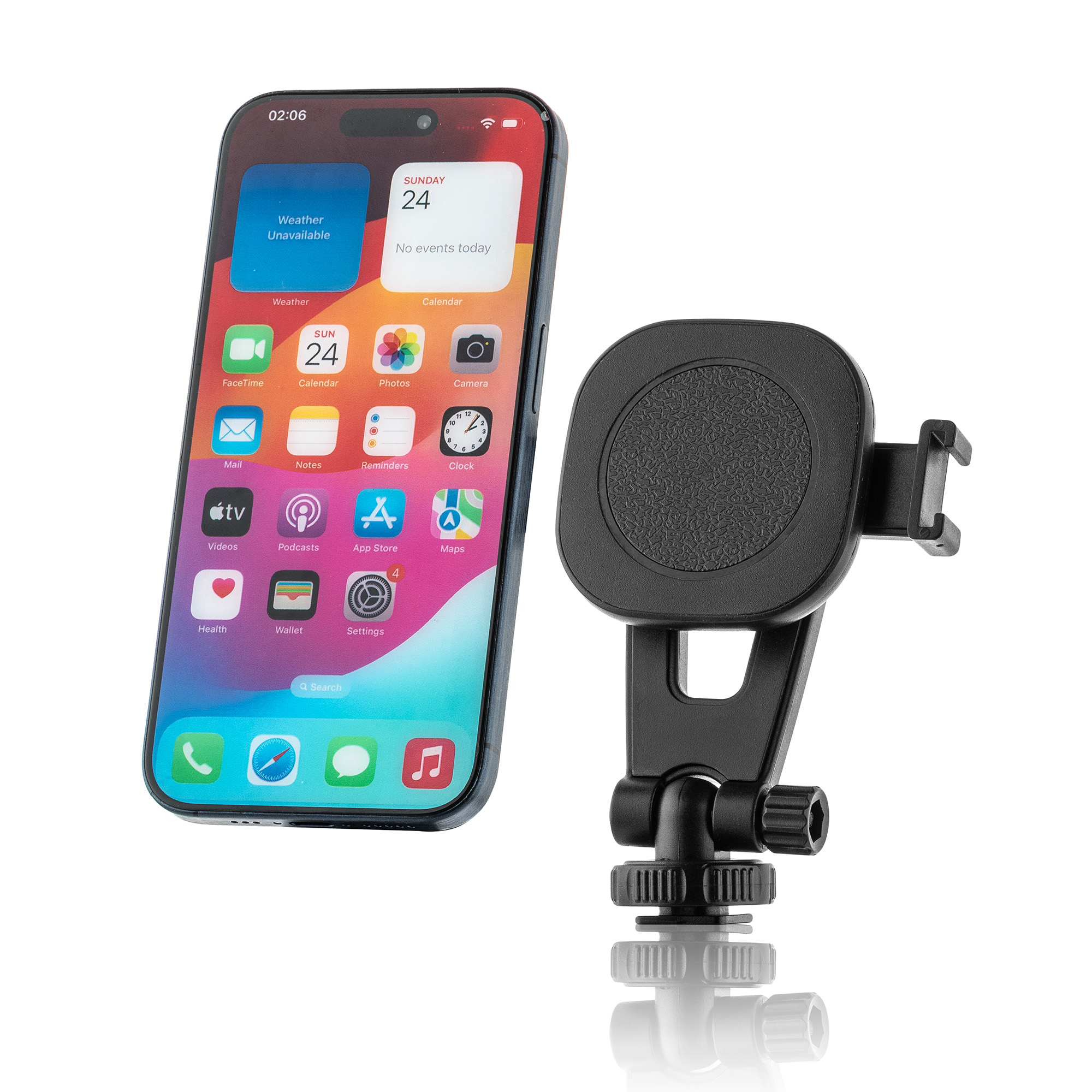 Ein schwarzer Handyhalter neben einem iPhone mit verschiedenen Apps auf dem Bildschirm.