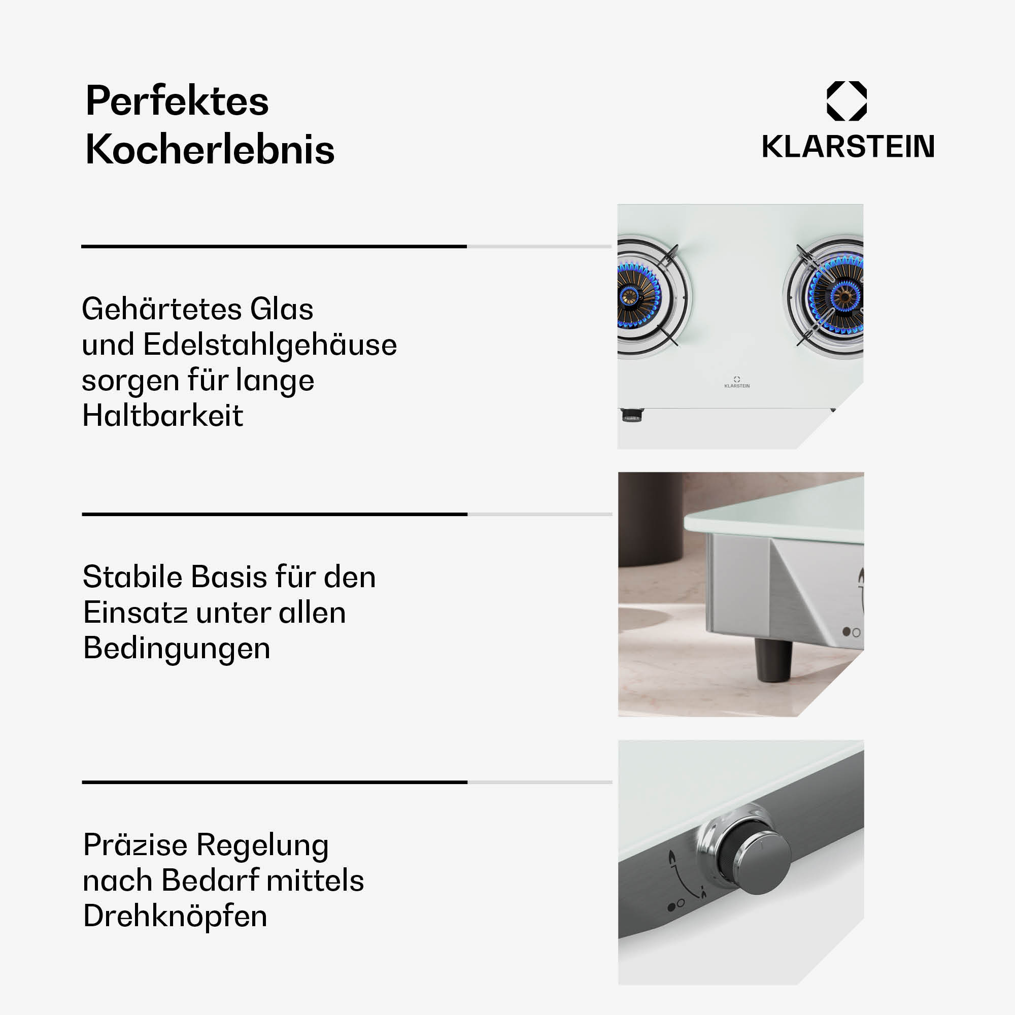 Klarstein Kochfeld mit zwei Brennern, Glasoberfläche und Bedienelementen.