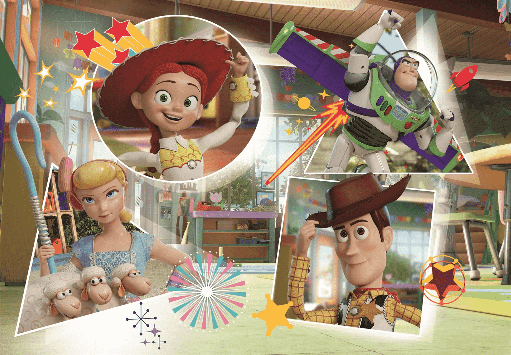 Personajes de Toy Story: Woody, Buzz, Jessie y Bo Peep con ovejas sobre un fondo colorido.