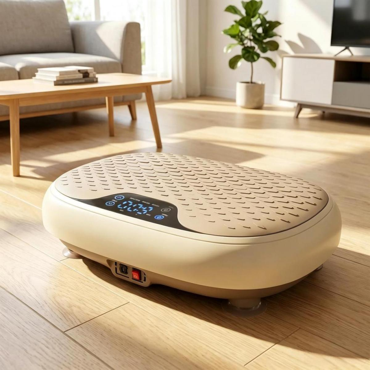 Ein beigefarbener Vibrations-Massagegerät steht auf einem Holzboden in einem Wohnzimmer.