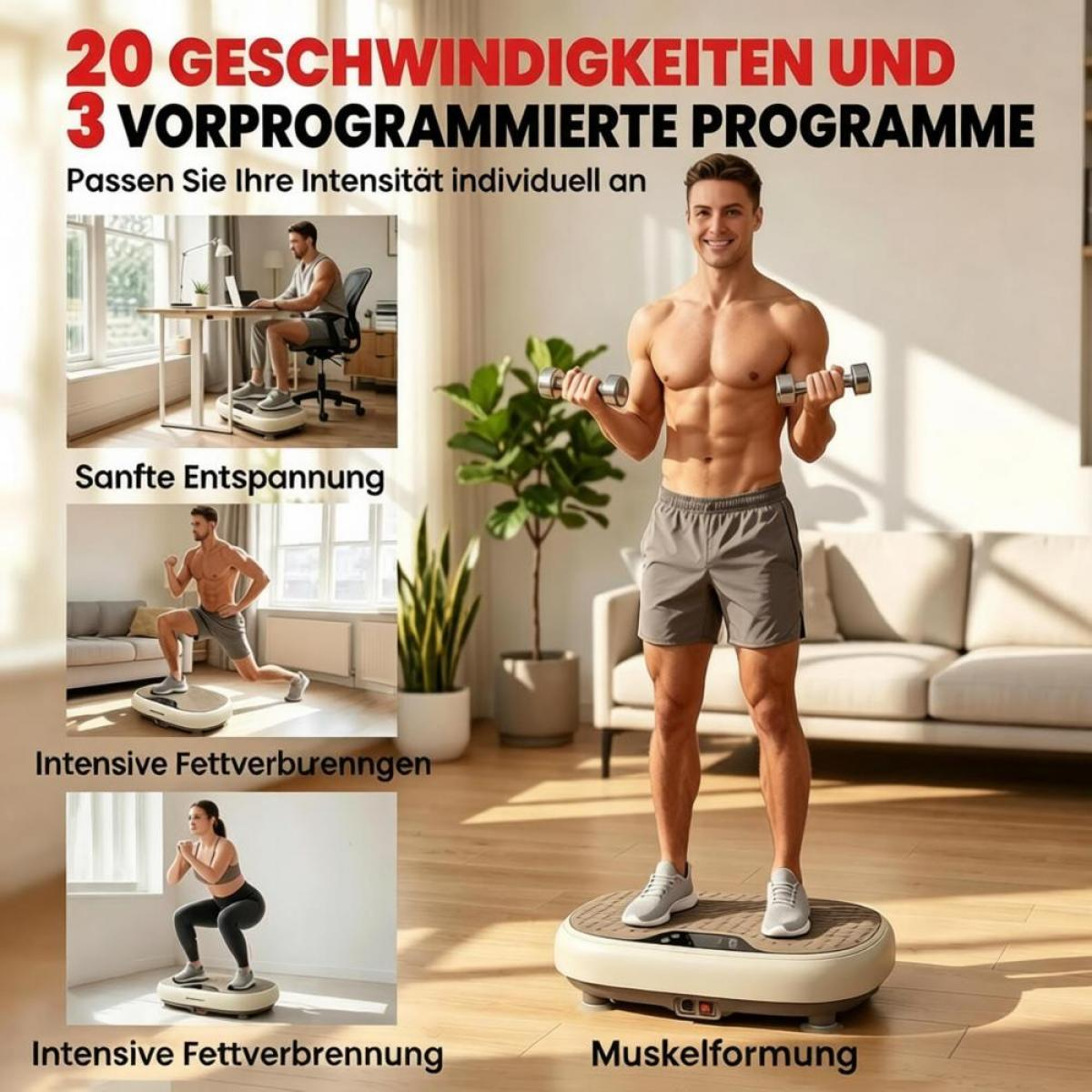 Mann auf Vibrationsplatte mit Hanteln, drei Szenen: Entspannung, Fettverbrennung, Muskelformung.