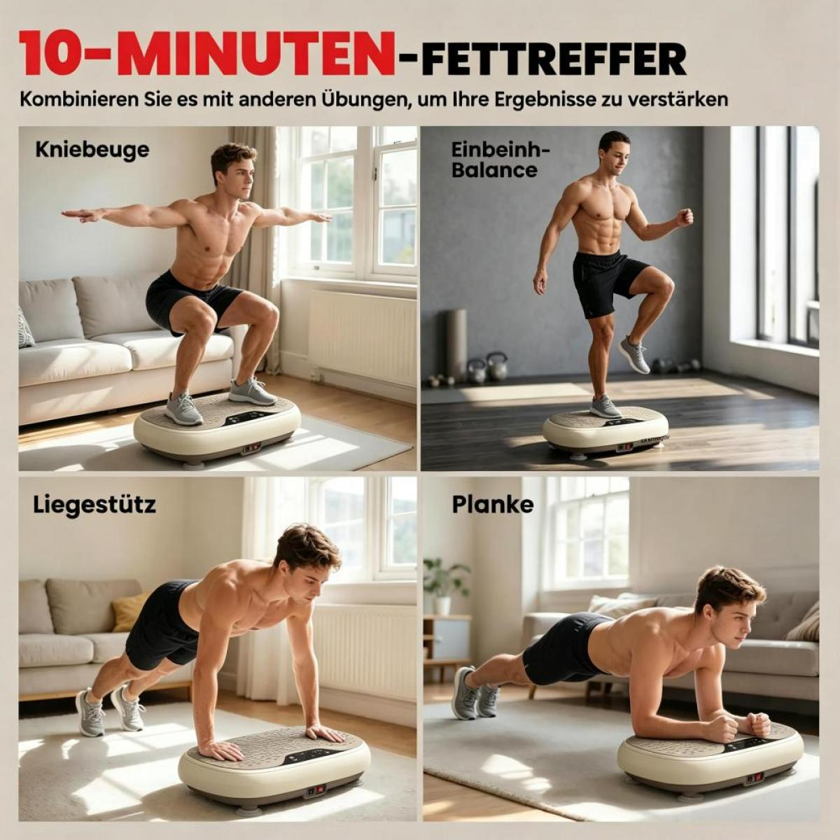 Vier Übungen: Kniebeuge, Einbeinbalance, Liegestütz, Planke auf Vibrationsplatte.
