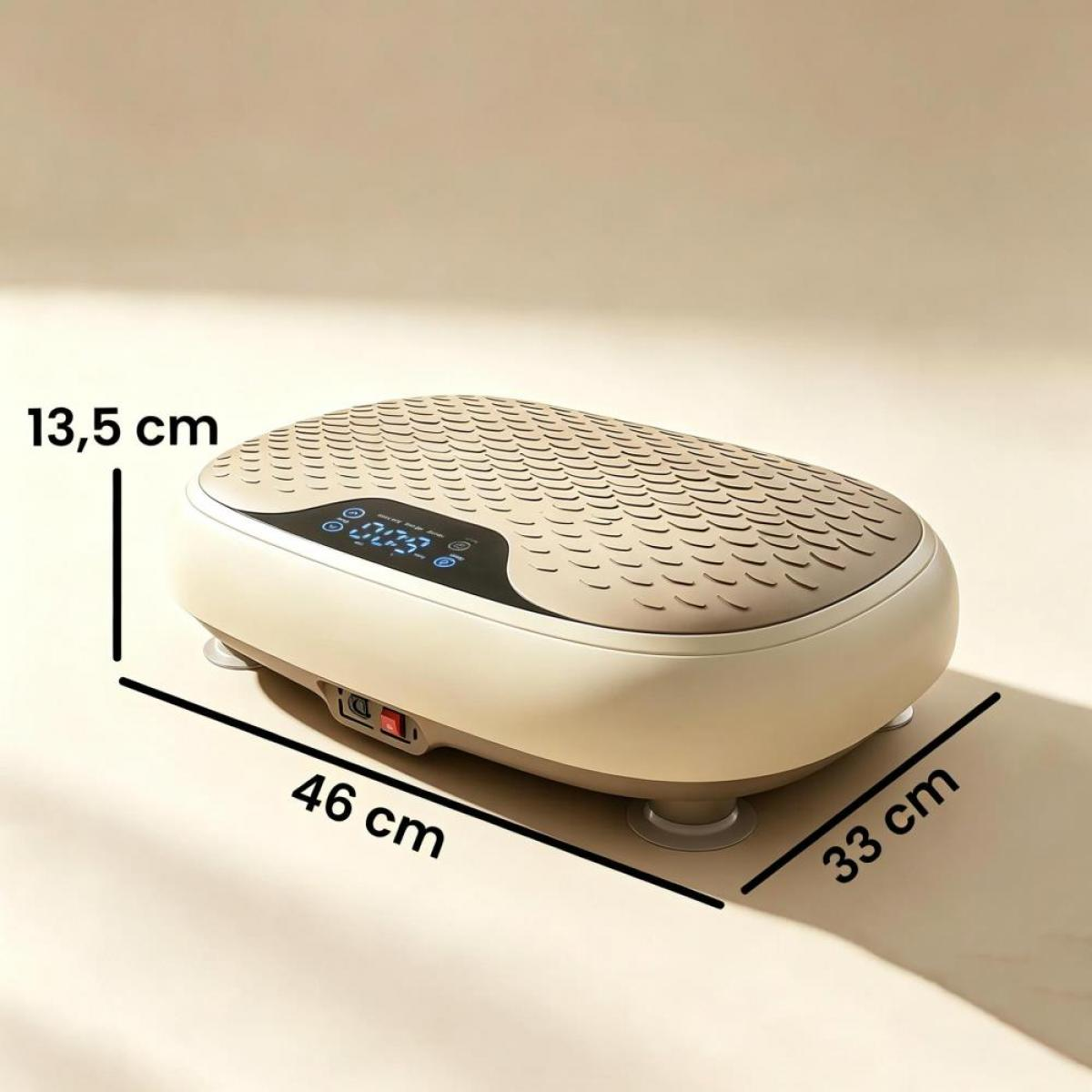 Beige Vibrationsplatte mit digitalen Anzeigen und Maßen: 46x33x13,5 cm.