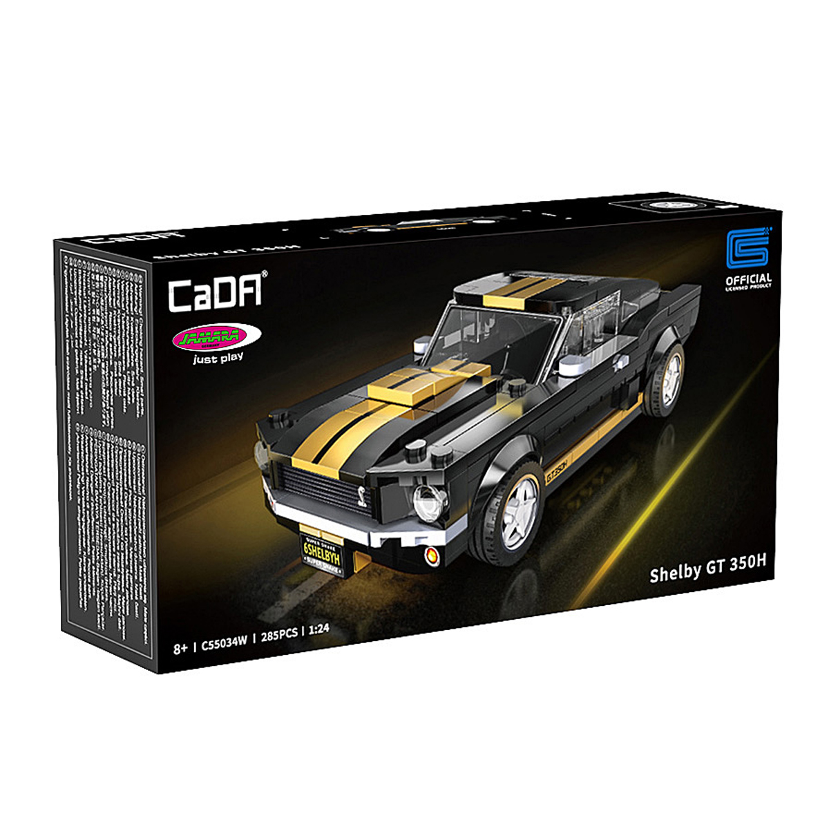 Verpackung eines schwarzen Spielzeugautos mit goldenen Streifen, Shelby GT 350H.
