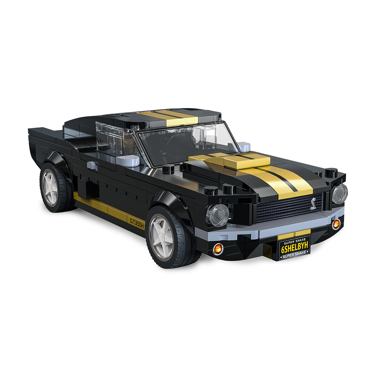 Schwarzer Lego-Nachbau eines Shelby Mustang GT350H mit goldenen Streifen.