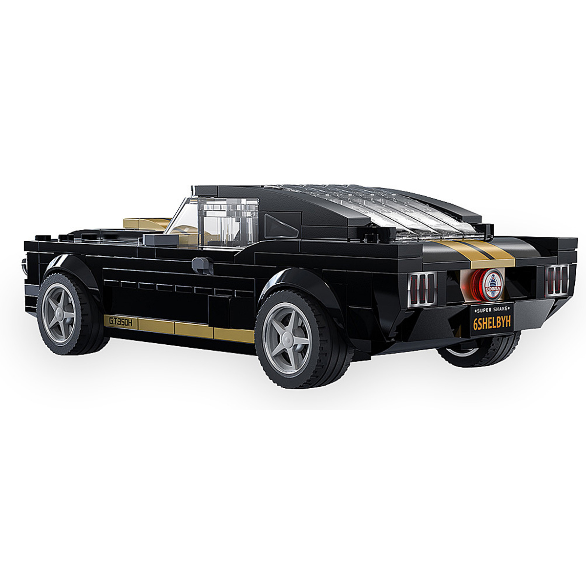 Schwarzer Lego Shelby GT350H mit goldenen Streifen, silbernen Rädern und klaren Fenstern.