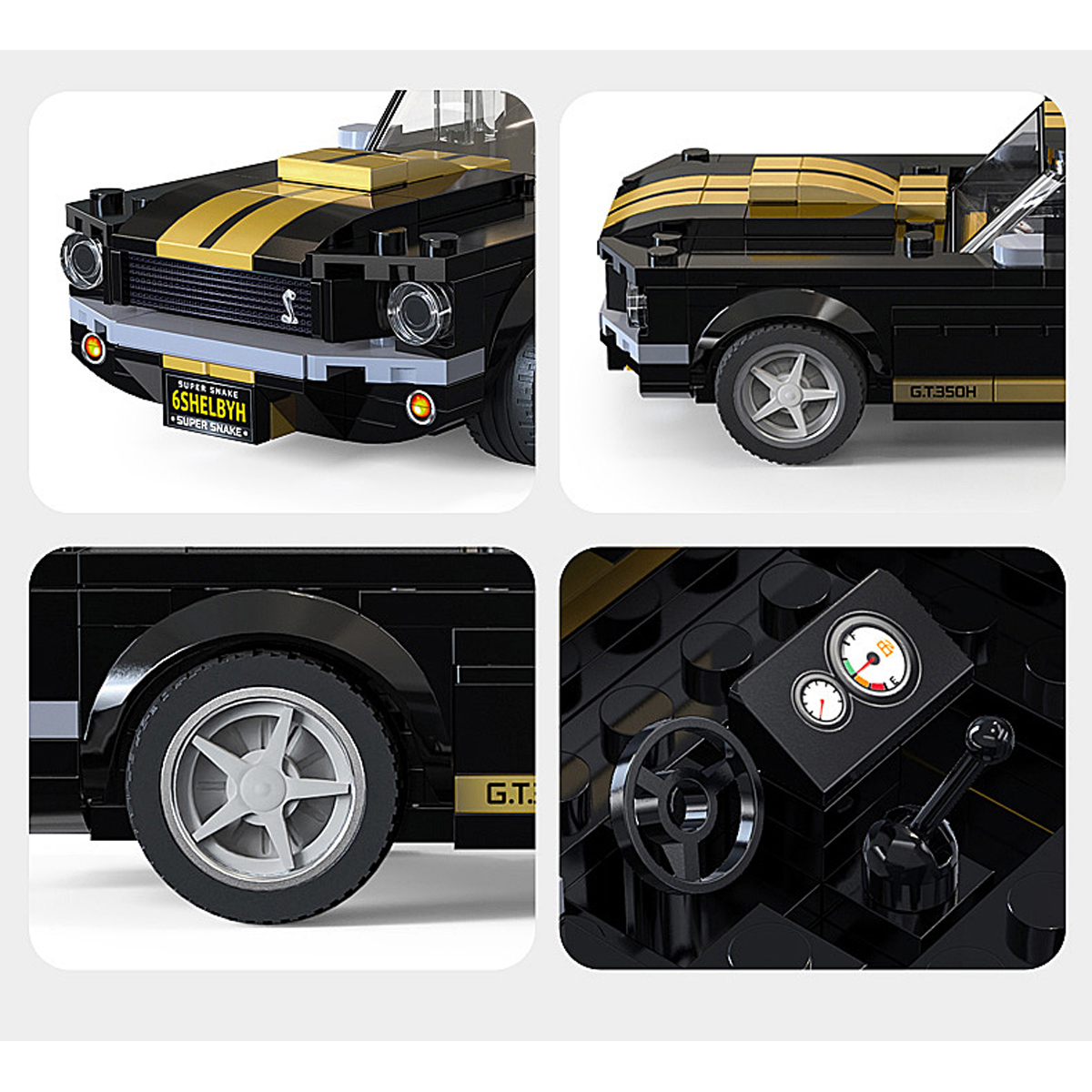 Ein schwarzes Auto-Modell mit goldenen Streifen, Ansicht von vorne, Seite und innen.