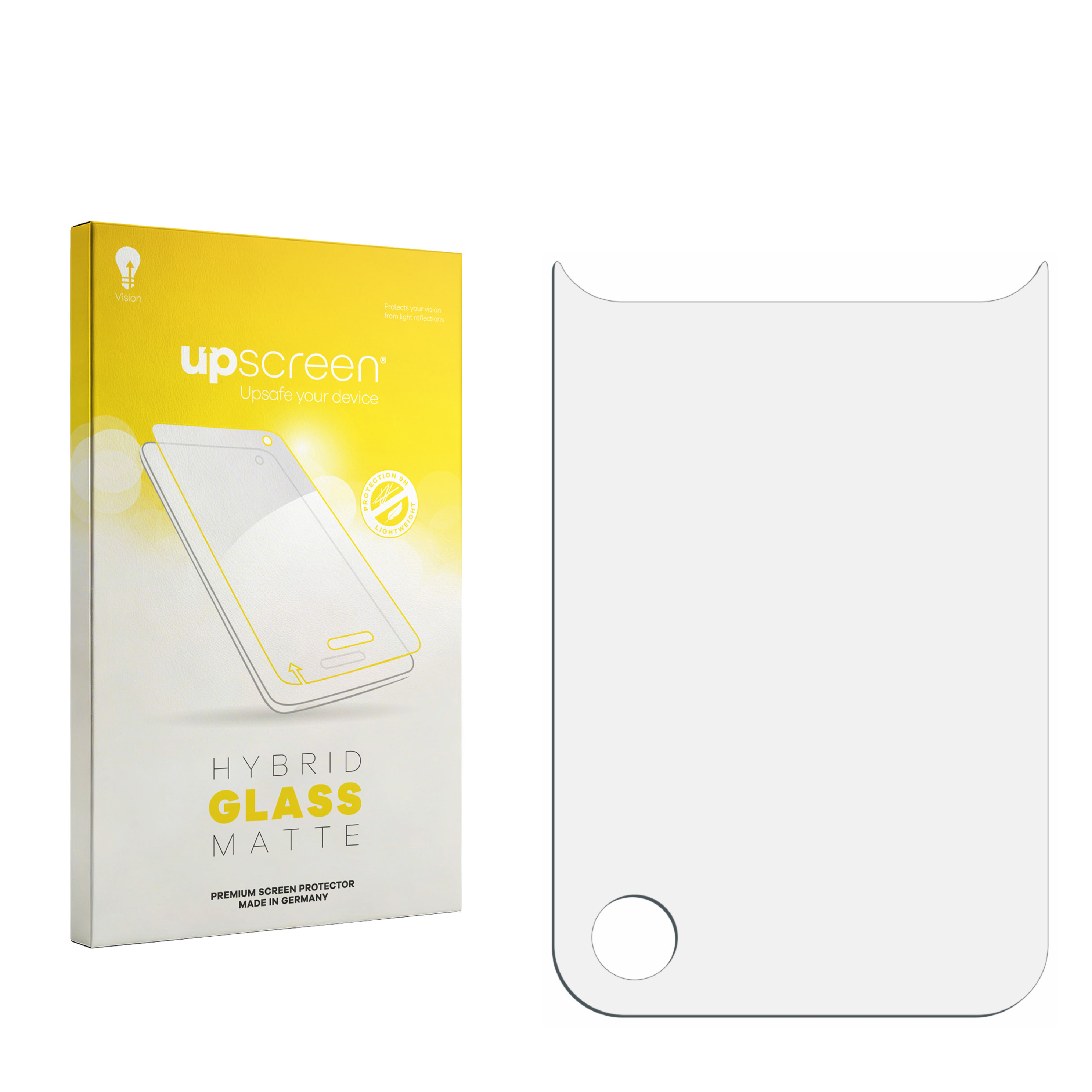Verpackung für einen matten Hybridschutz aus Glas mit Handy-Abbildung.
