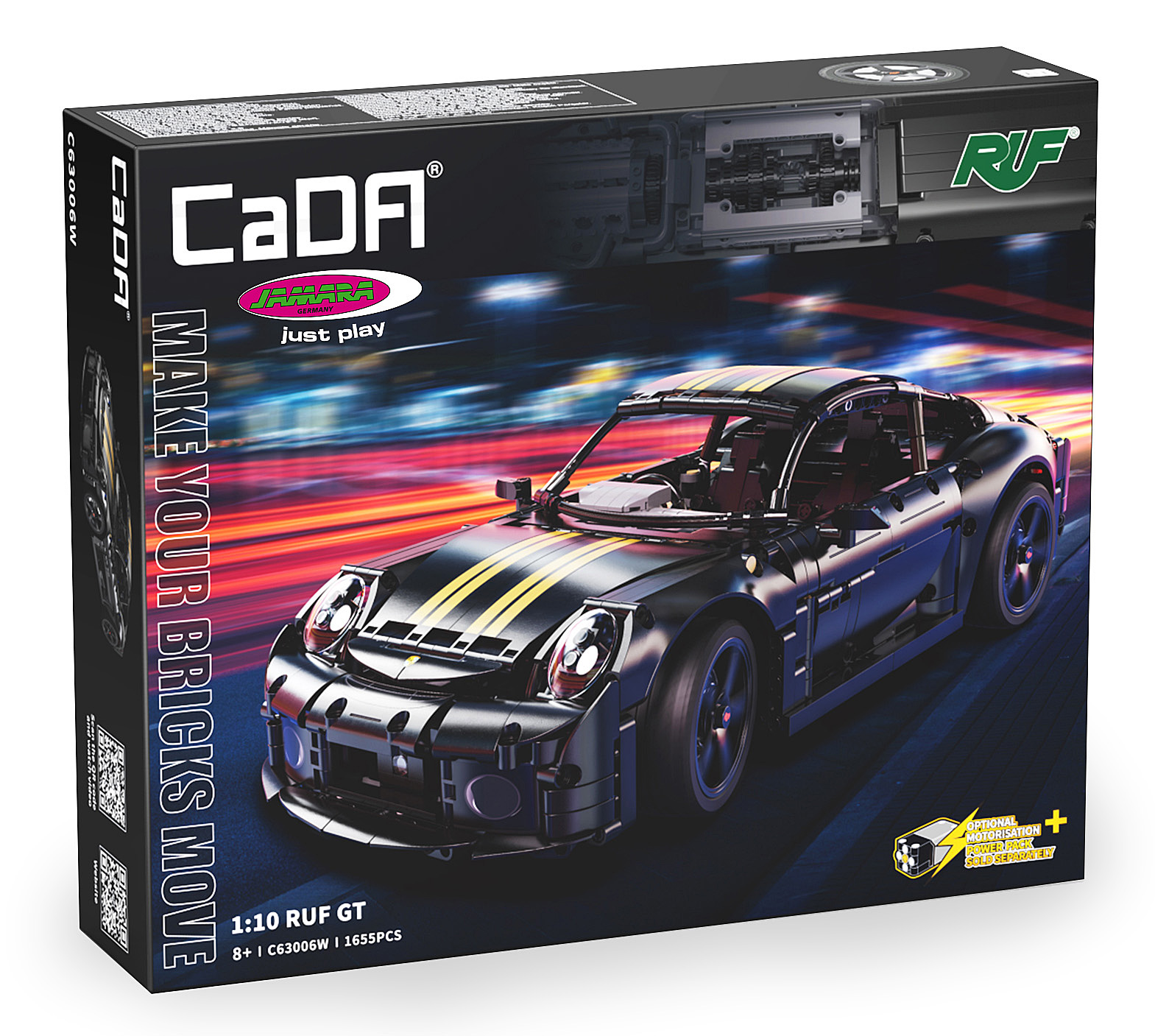Verpackung eines schwarzen CaDA RUF GT-Modells mit gelben Streifen auf einem beleuchteten Hintergrund.