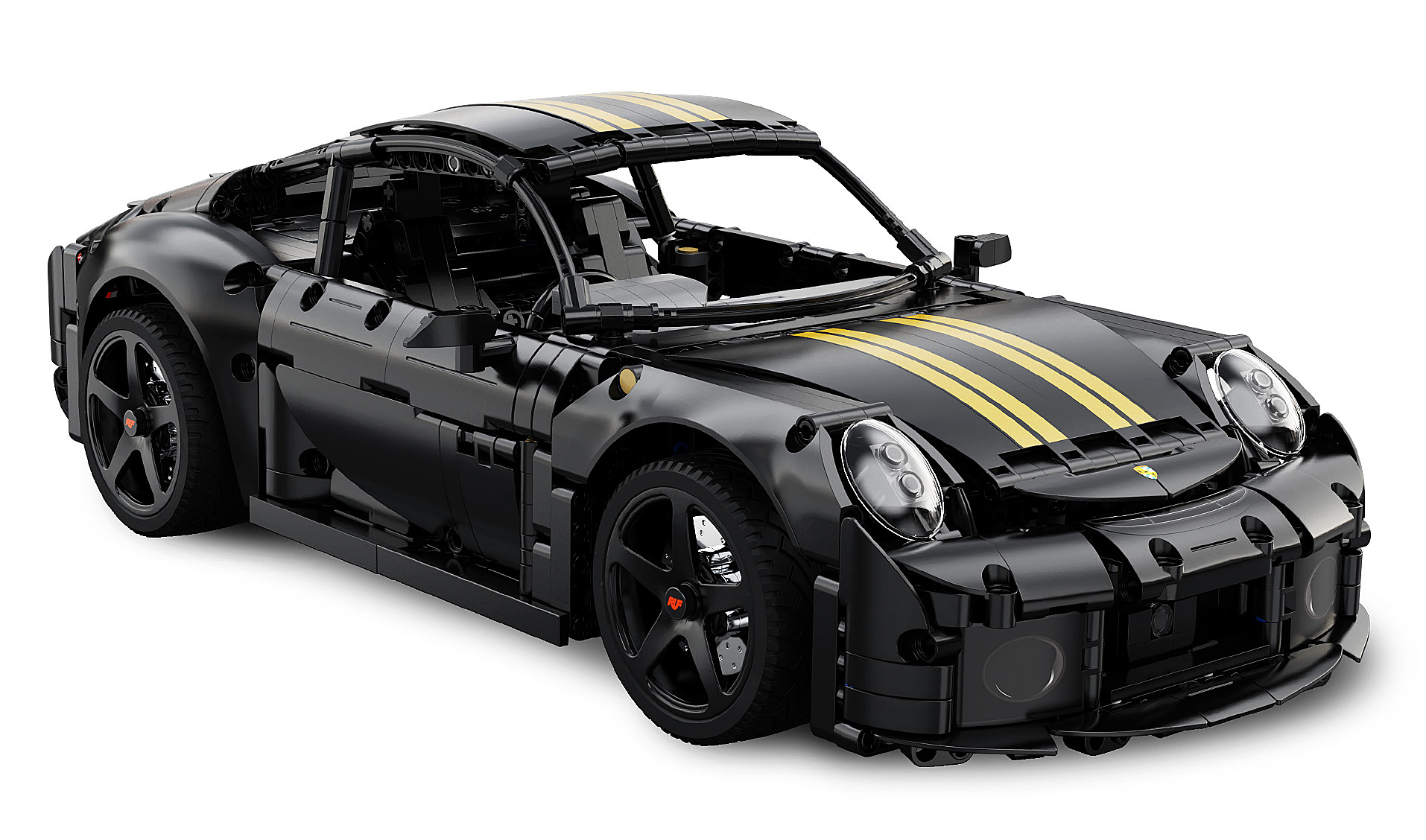 Schwarzes Lego-Modell eines Porsche 911 mit gelben Streifen auf weißem Hintergrund.