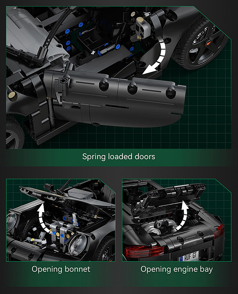 Schwarzes Modellauto mit zu öffnenden Türen, Motorhaube und Motorraum.