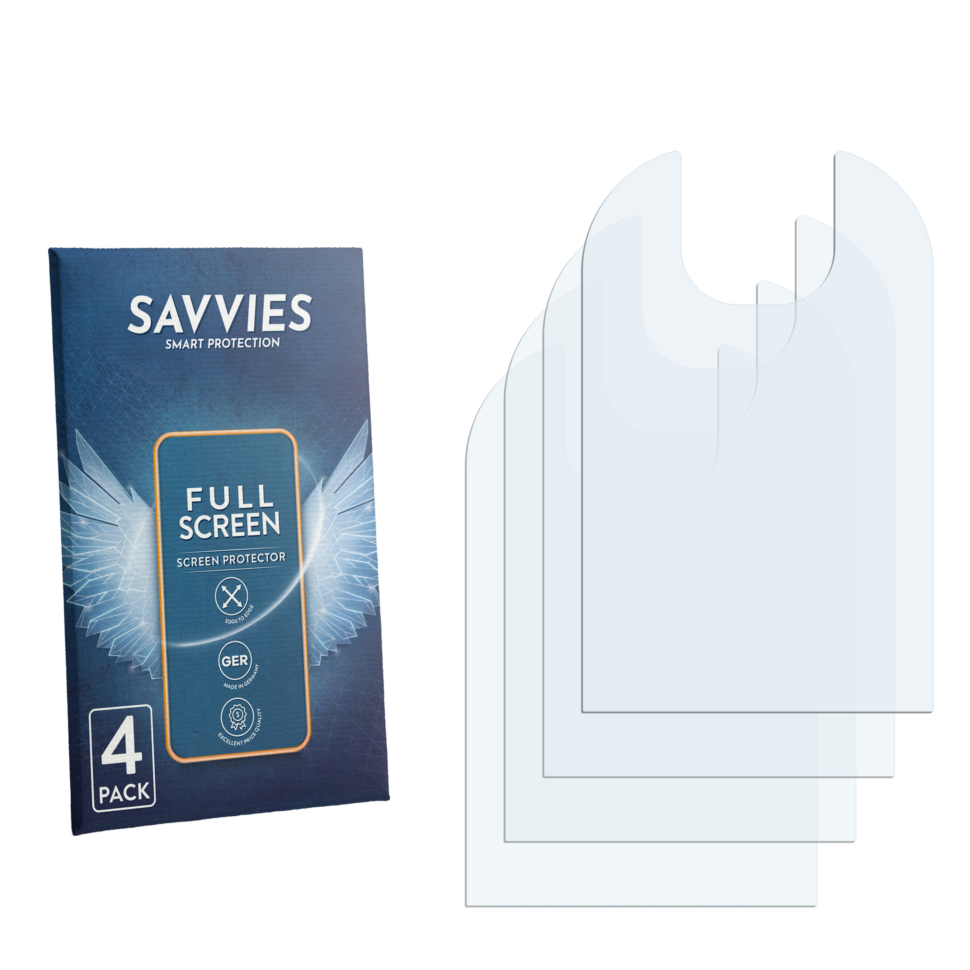 Savvies-Verpackung und drei klare Displayschutzfolien.