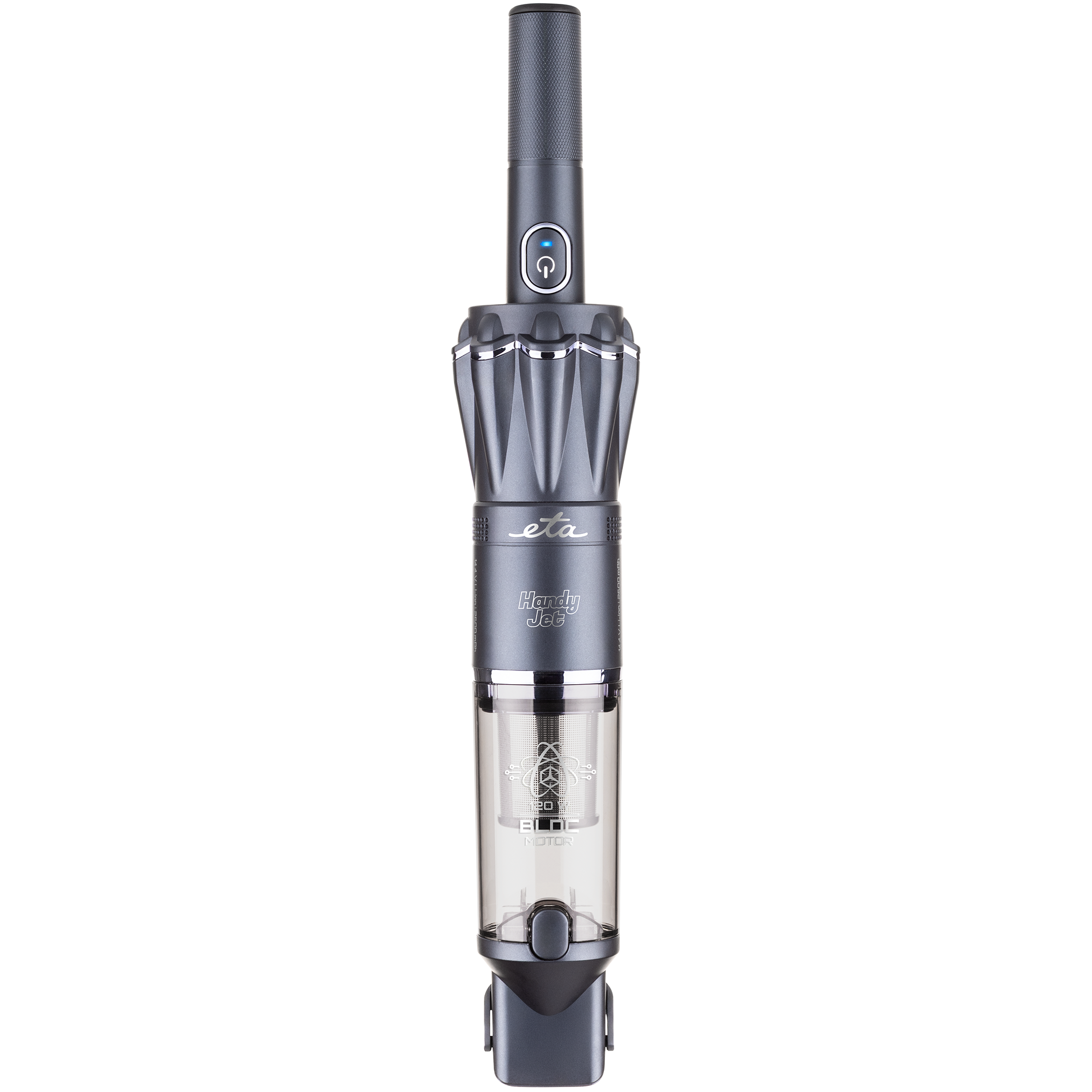 Aspirapolvere portatile grigio con pulsante di accensione e contenitore polvere trasparente.