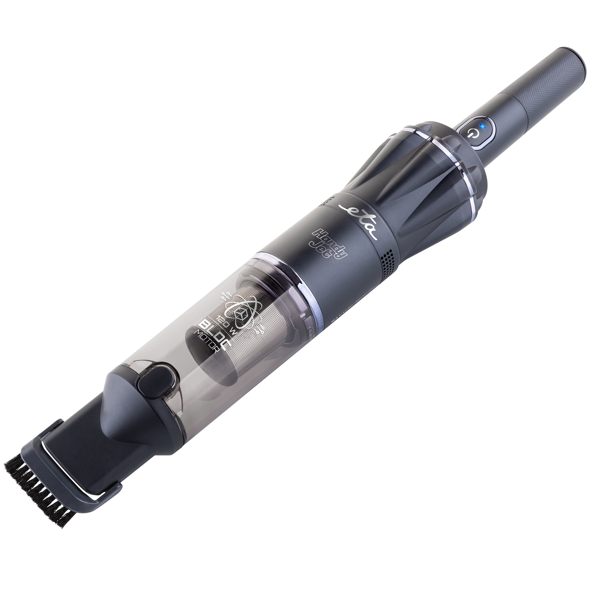 Aspirapolvere portatile grigio scuro con spazzola e contenitore trasparente.