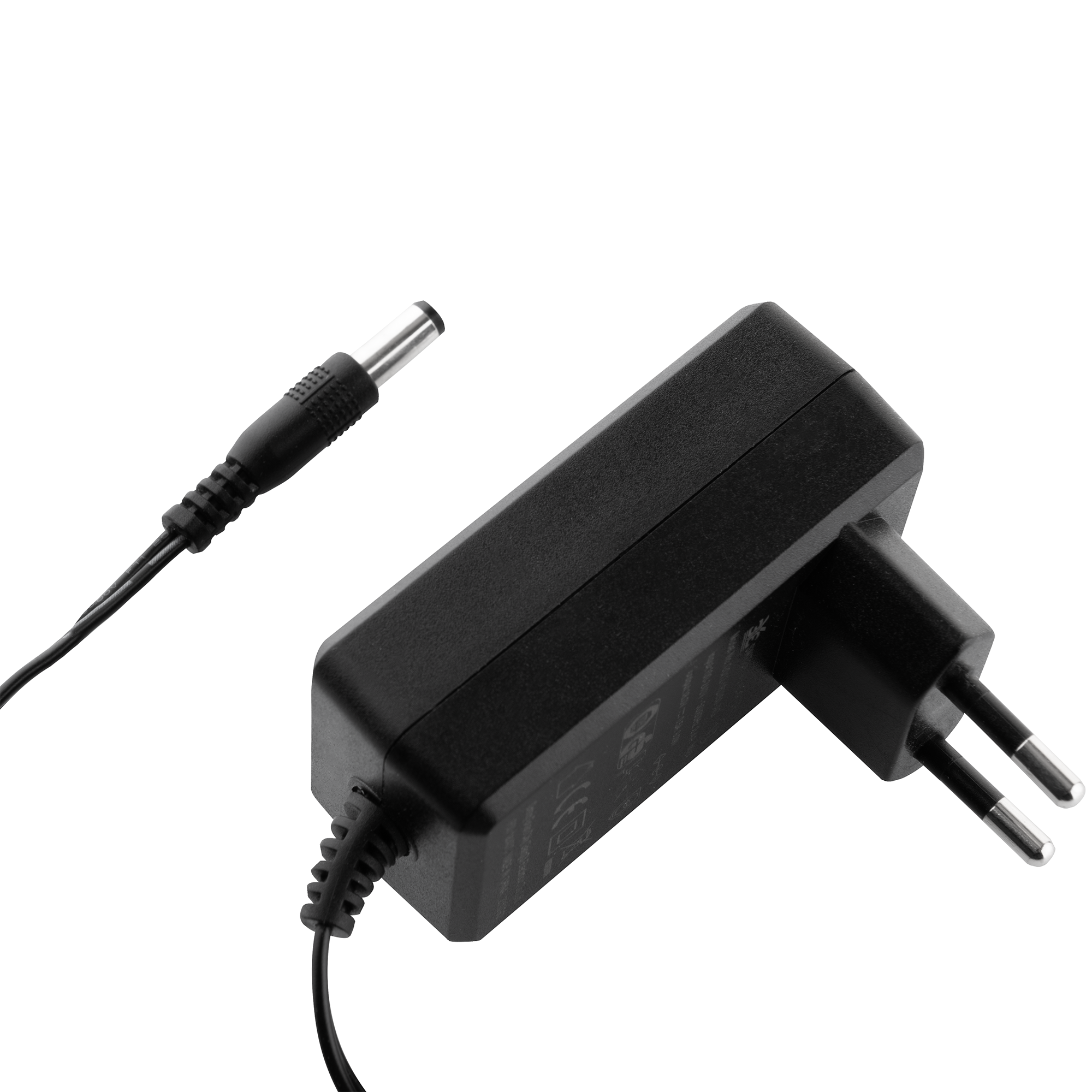 Alimentatore nero con due pin e una spina separata.