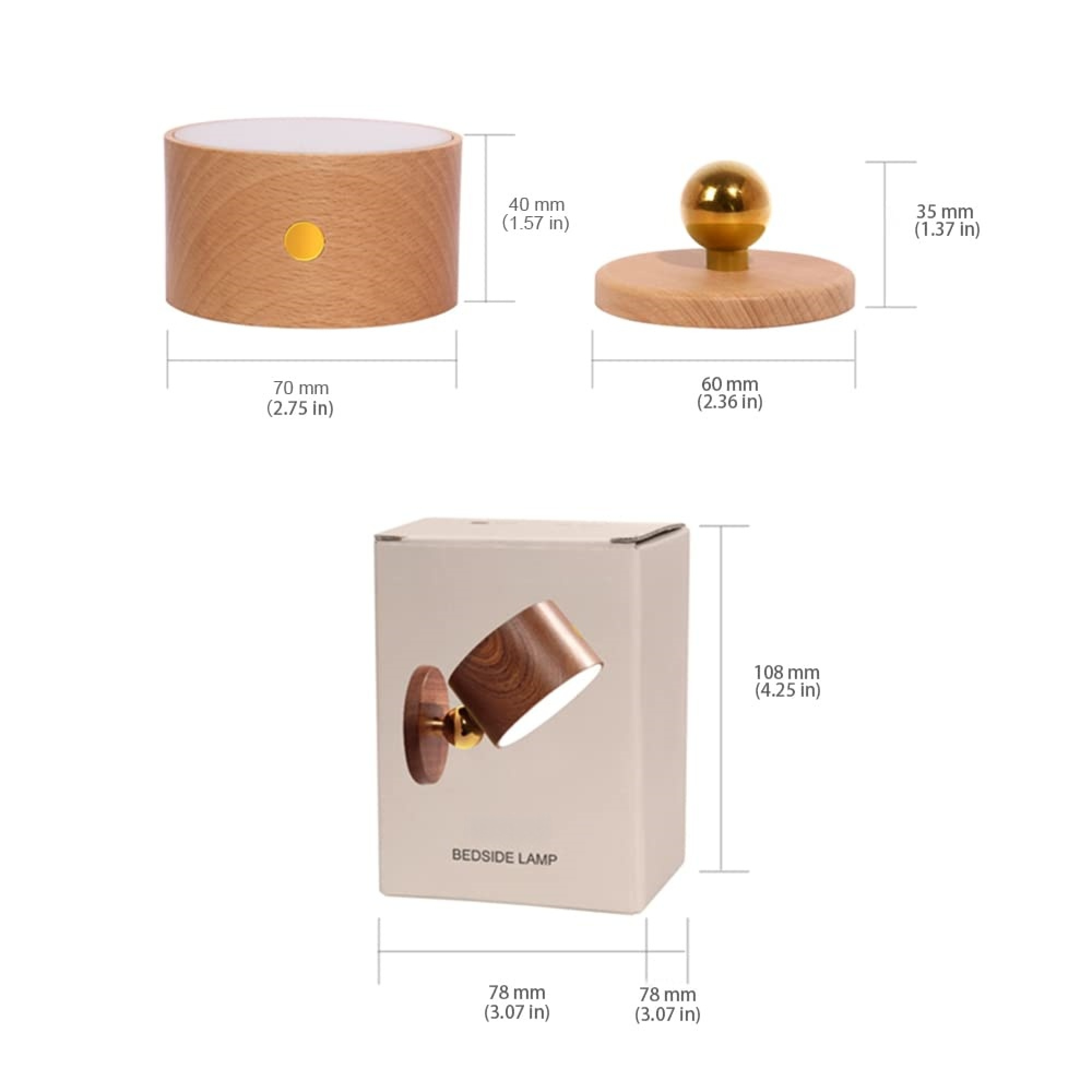 Holzlampe mit Maßen und Verpackung.