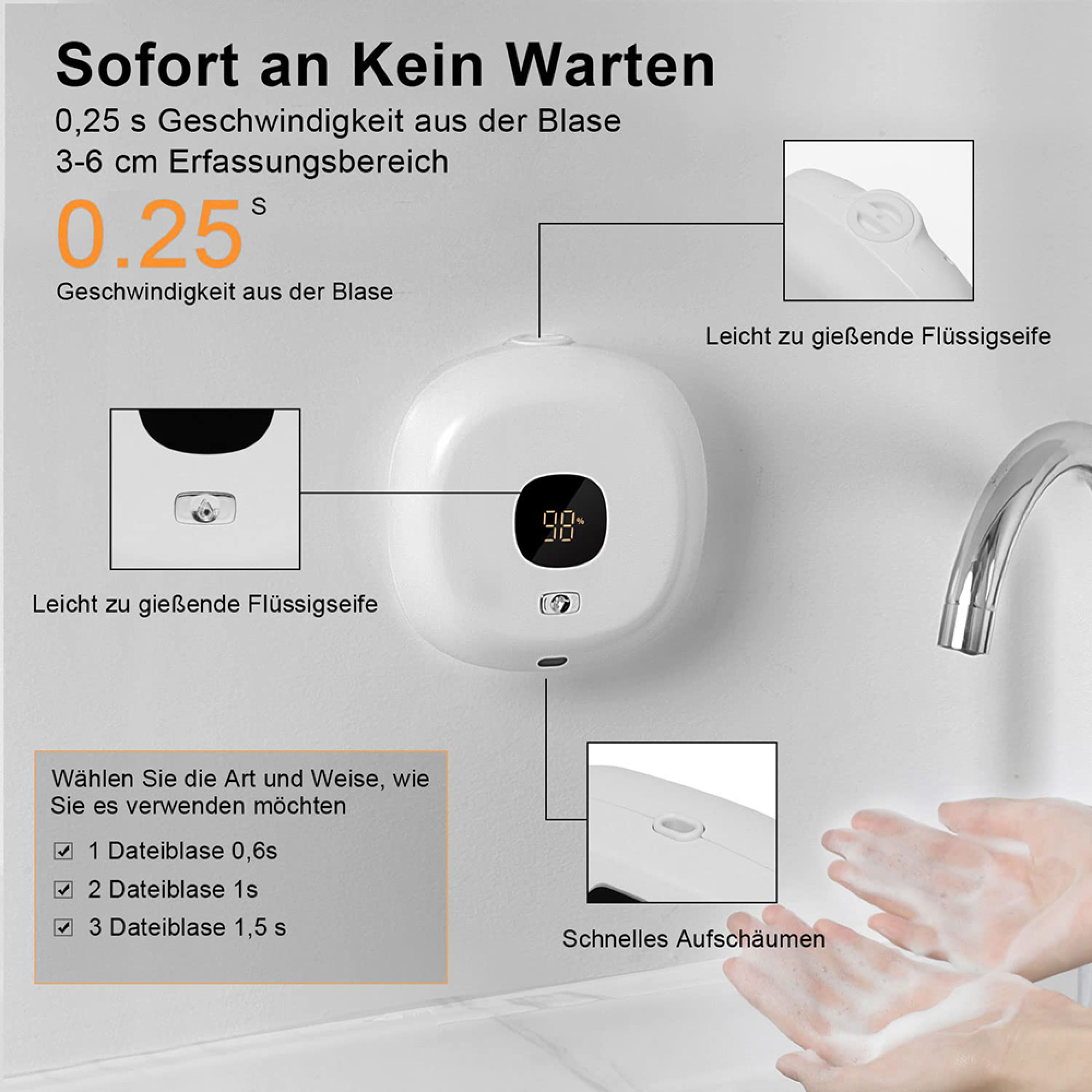 Ein weißer Seifenspender mit Display zeigt 98%. Hände schäumen.