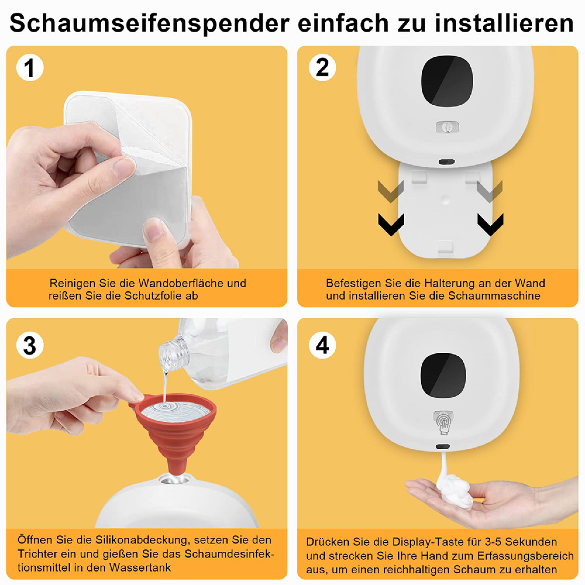 Bildschirmfoto des Installationsprozesses eines Schaumseifenspenders in vier Schritten.