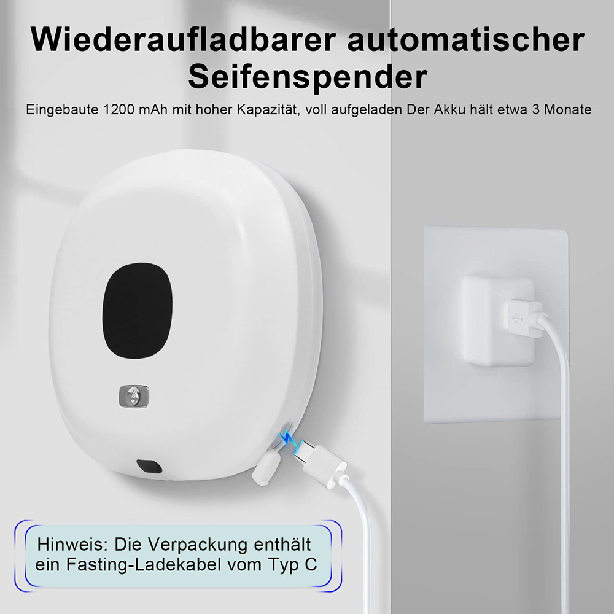 Weißer Seifenspender mit USB-C Ladekabel wird an Wandhalterung angeschlossen.