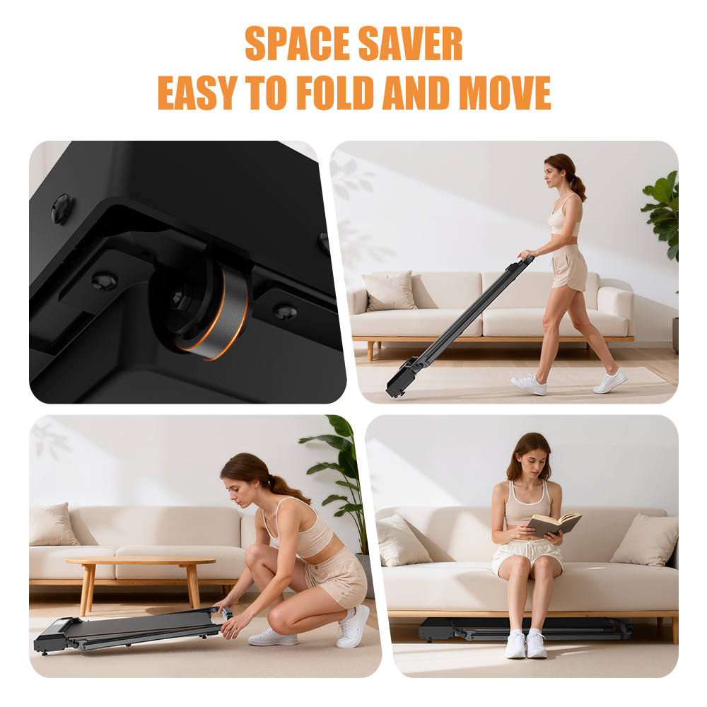 Ein Vierteiler-Layout zeigt einen Laufband-Mechanismus, eine Frau, die ein Laufband bewegt, und eine Frau, die es zusammenklappt.