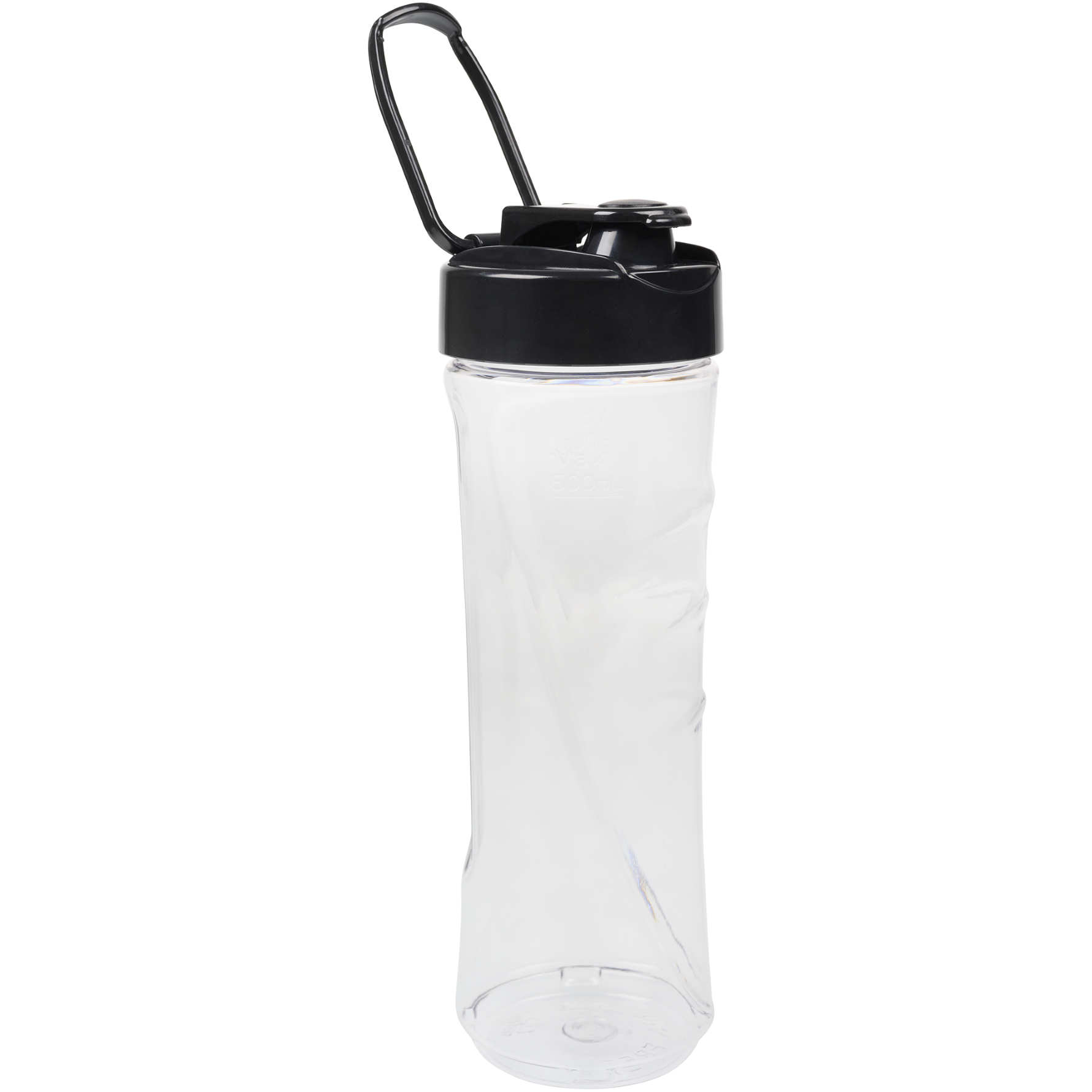 Eine durchsichtige Wasserflasche mit schwarzem Deckel und Henkel.