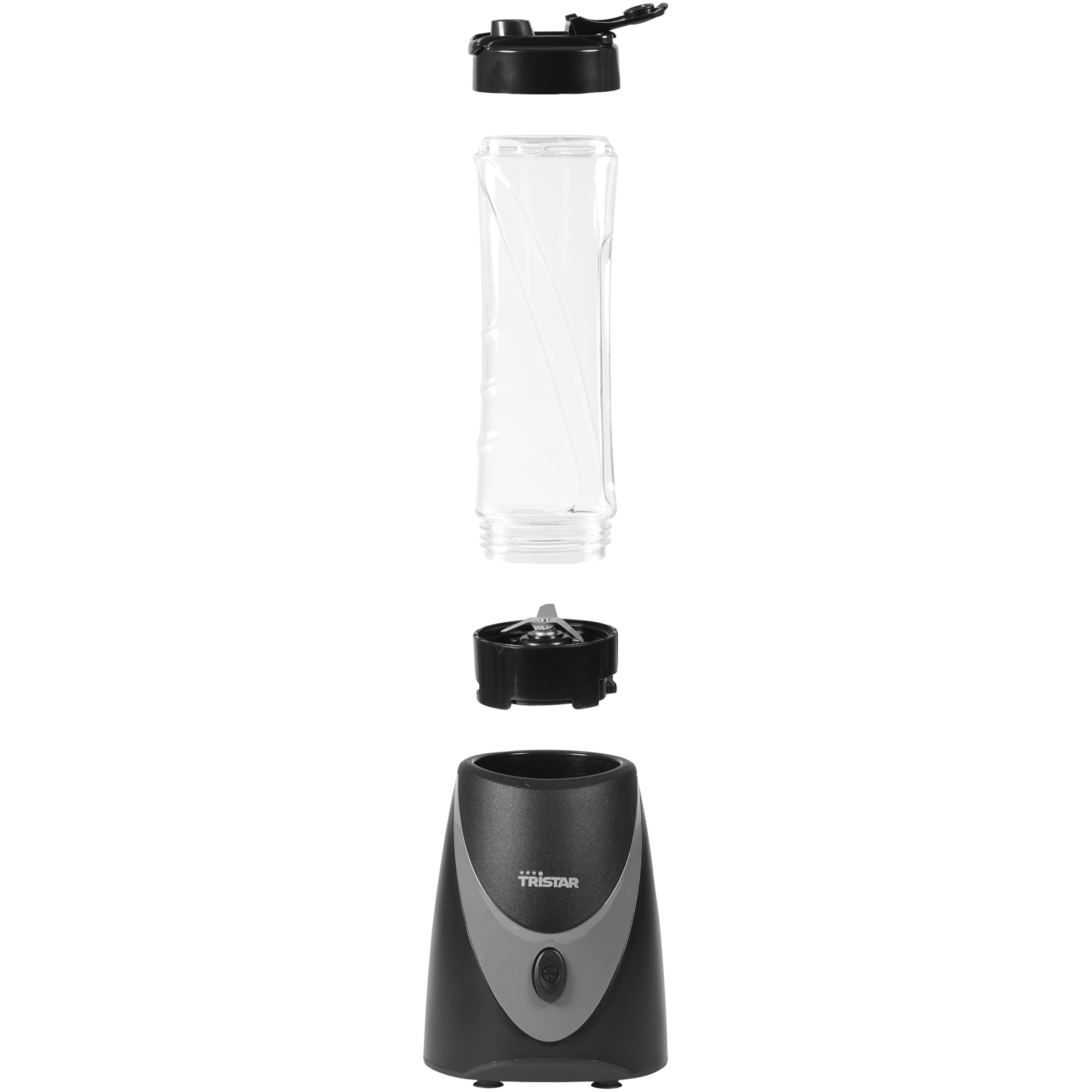 Ein zerkleinerter Mixer mit schwarzem Sockel, Klingen und transparentem Behälter.