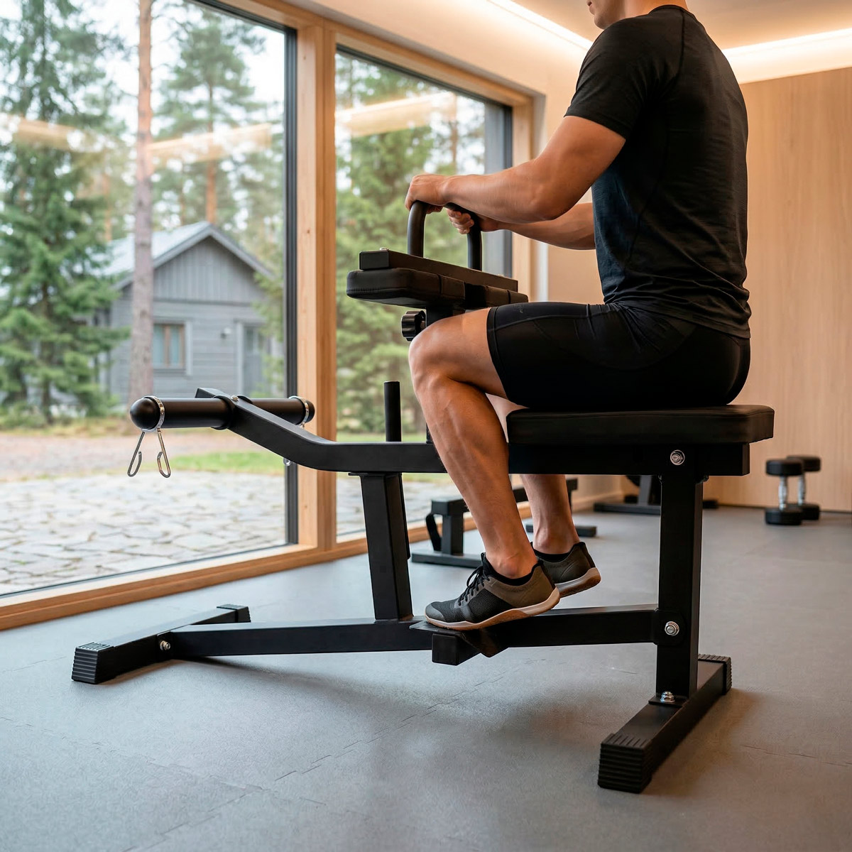 Ein Mann trainiert an einem Beinbeuger in einem Fitnessstudio mit Blick auf einen Wald.
