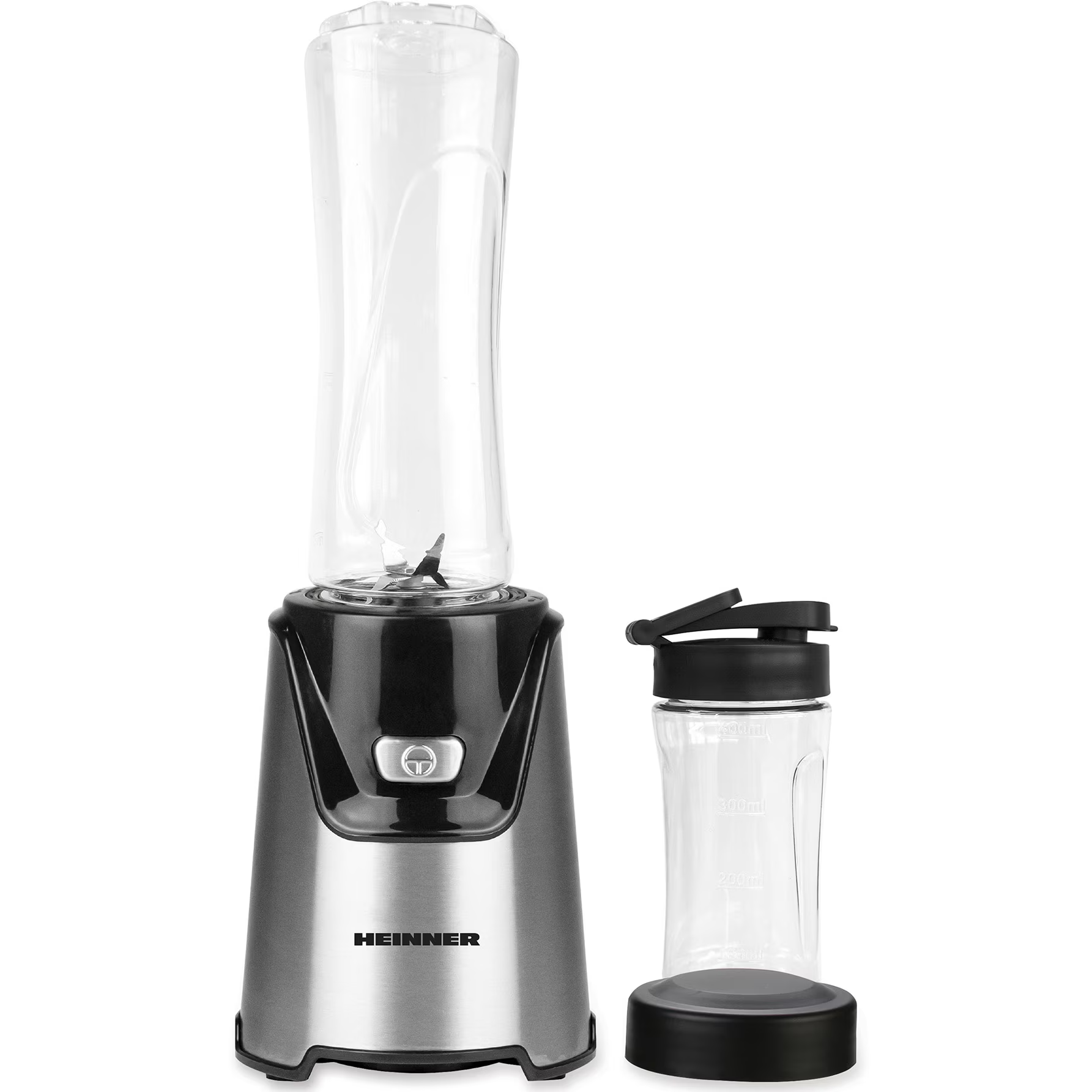 Ein schwarzer und silberner Mixer mit einem klaren Behälter und einem separaten Trinkbecher daneben.