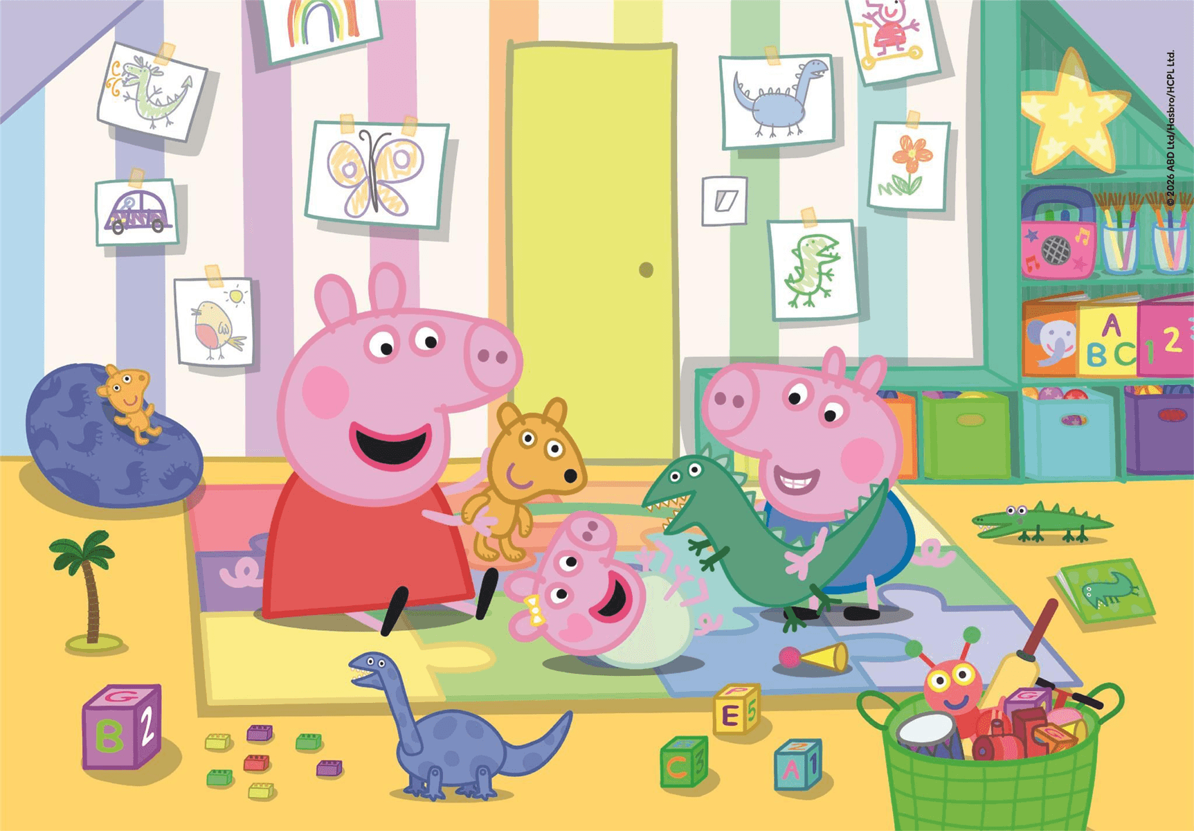 Peppa Pig y familia juegan en el cuarto con dinosaurios de juguete.