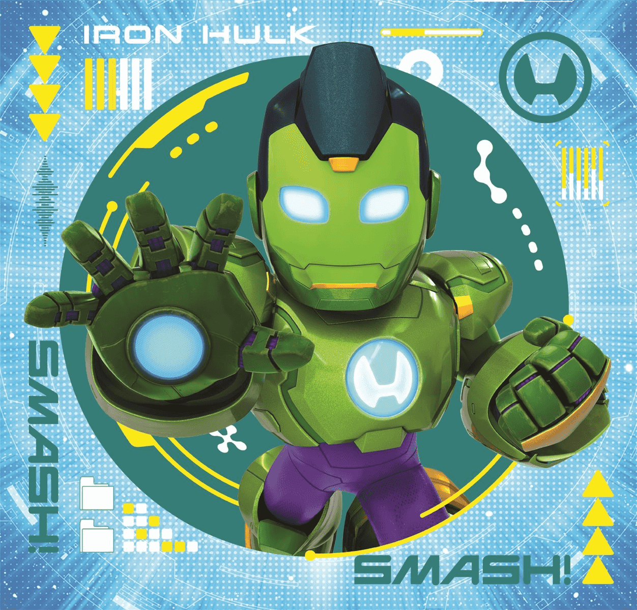 Iron Hulk verde con pantalones morados y ojos brillantes sobre fondo azul con triángulos amarillos.