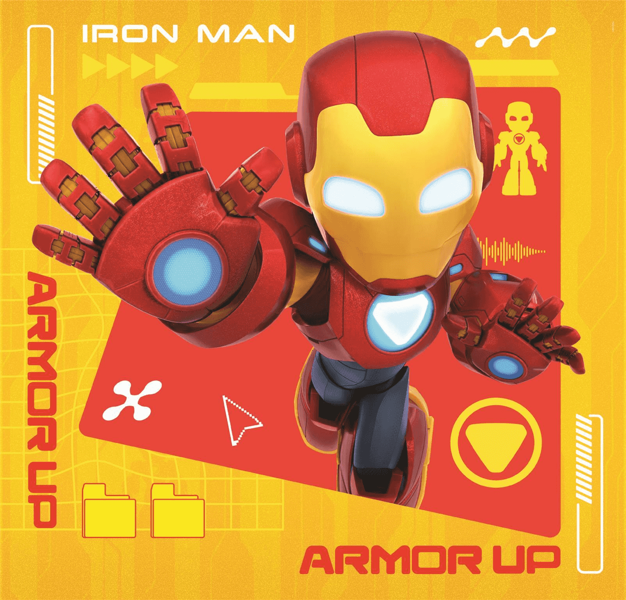 Iron Man con armadura roja y amarilla, ojos y pecho brillantes.